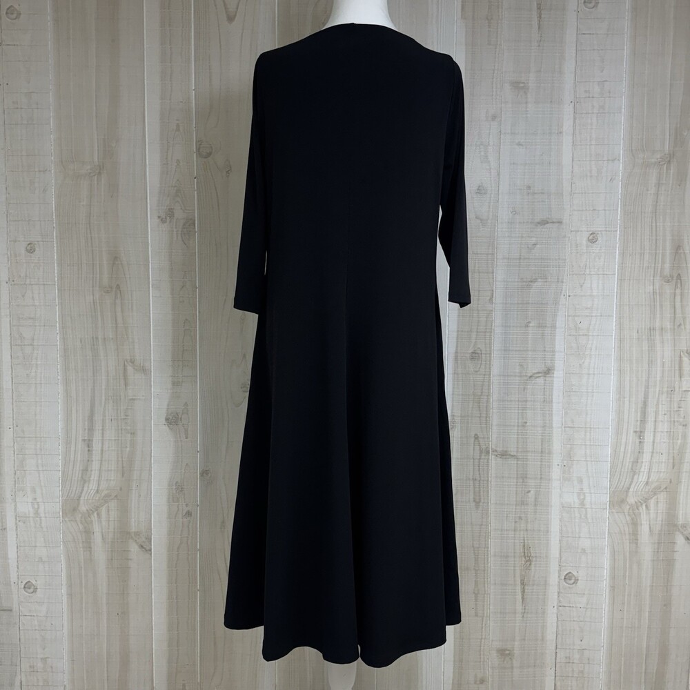 CHICOS Black Swing Dress Stretch V Neck A-Line Classic Minimalist 3/4 Sleeve 1 - Picture 2 of 13
